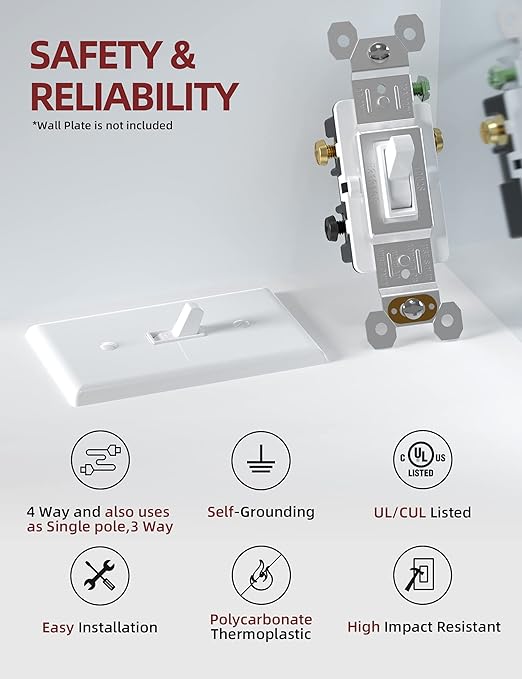 AIDA 4 Way, 15 Amp Toggle Light Switch, Grounding Screw, Residential Grade Electrical Wall Switch, UL Listed (White, 20 Pack)