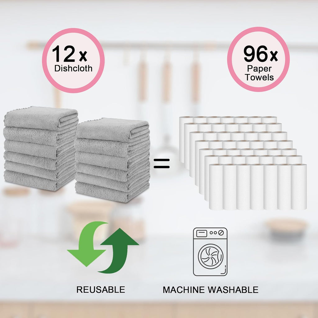 kimteny Kitchen Cloth Dish Towels, 13x28 Inches Premium Dishcloths, Super Absorbent Coral Velvet Microfiber Cleaning Cloths, Fast Drying Rags for Washing Dishes (13x28-12 Pack, Grey)