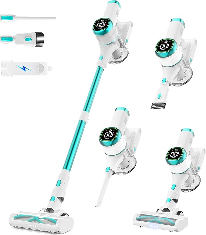 Tikom V500 Cordless Vacuum Cleaner for Home, 40000Pa/450W Stick Vacuum with LED Touch Screen, Charging Wall Dock, Anti-Tangle, Lightweight Handheld Vacuum for Pet Hair, Hard Floor, Carpet, Blue
