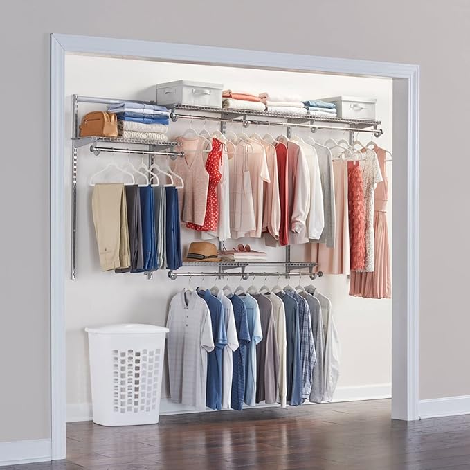 Rubbermaid Configurations Custom Closet Kit 4-8 Ft. Adjustable Metal Wire Shelving Titanium Finish Expandable Organization System Hardware Included for Home Closet/Pantry/Laundry/Mudroom