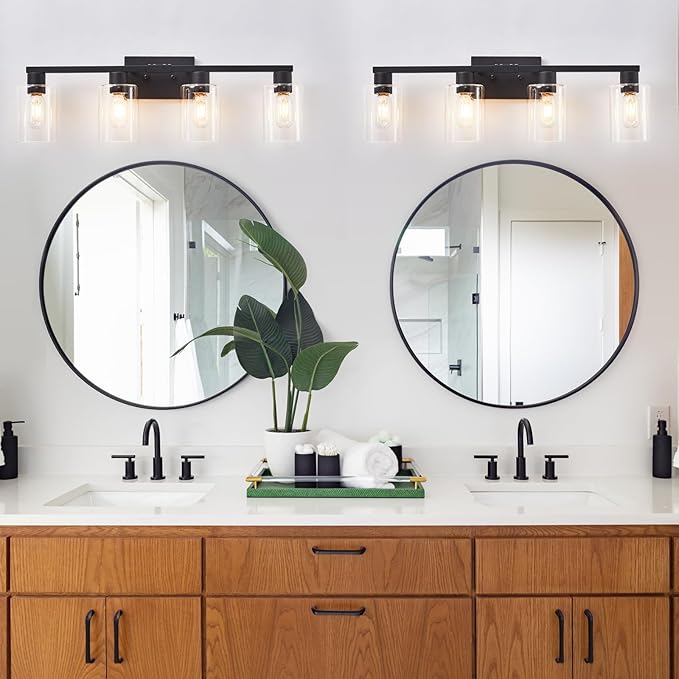 4 Light Bathroom Vanity Light Fixtures, Black Farmhouse Bathroom Vanity Light with Clear Glass Shade, Bathroom Lighting Fixtures Over Mirror, Vanity Lights for Bathroom Mirror