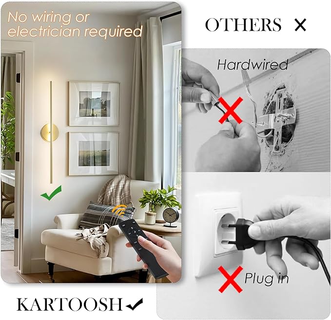 Removable Battery Operated Wall Sconces with Remote Control 350°Rotate LED Wireless Wall Lights with 3 Color Temperatures & Dimming for Bedroom, Hallway,24.4 Inch (2 Pack)