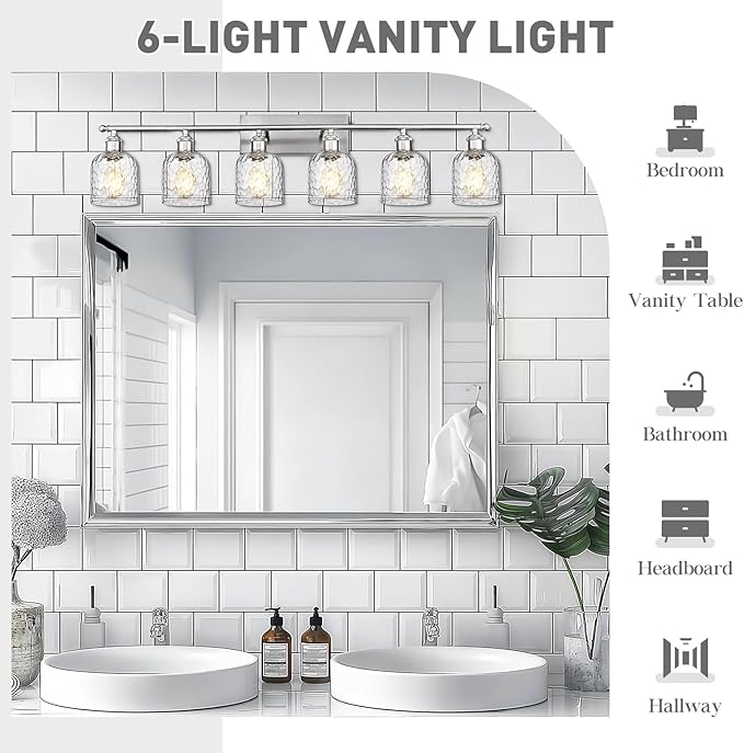 zeyu 6-Light Bathroom Wall Light Fixture, 42 Inch Modern Nickel Vanity Lighting Fixtures for Bedroom, Brushed Nickel Finish with Clear Hammered Glass, ZJF63B-6W BN