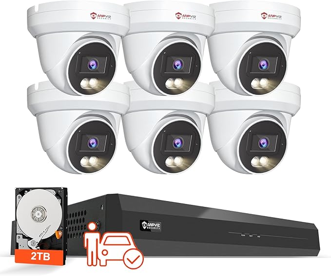 Anpviz 8CH 4K PoE Security Camera System, 6pcs 8MP Wired PoE IP Cameras with Human Vehicle Detection, Smart Dual Light Color Night Vision, 4K/8MP 8CH NVR with 2TB HDD for Business Home (U Series)