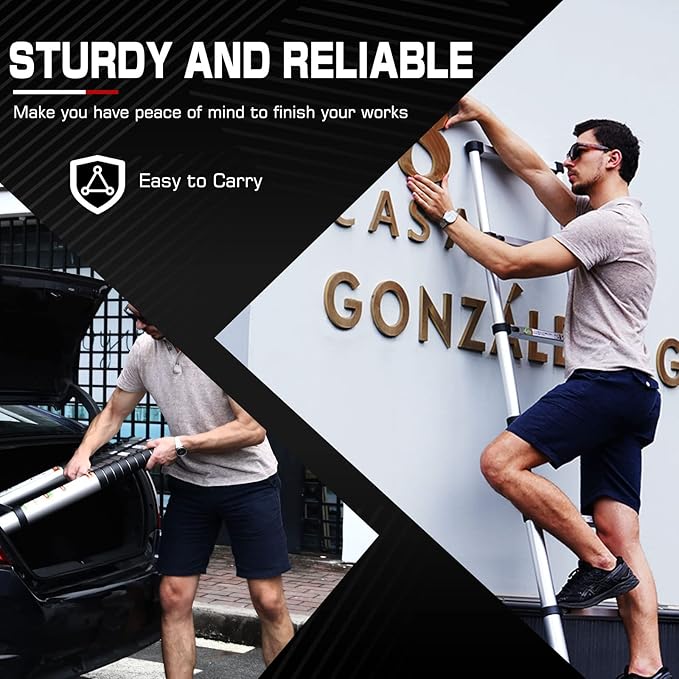 RIKADE Telescoping Ladder 12.5FT & Attic Ladder, Heavy Duty Aluminum with Non-Slip Feet, 330lb Capacity for RV, Attic, Roof & Multi-Surface Use