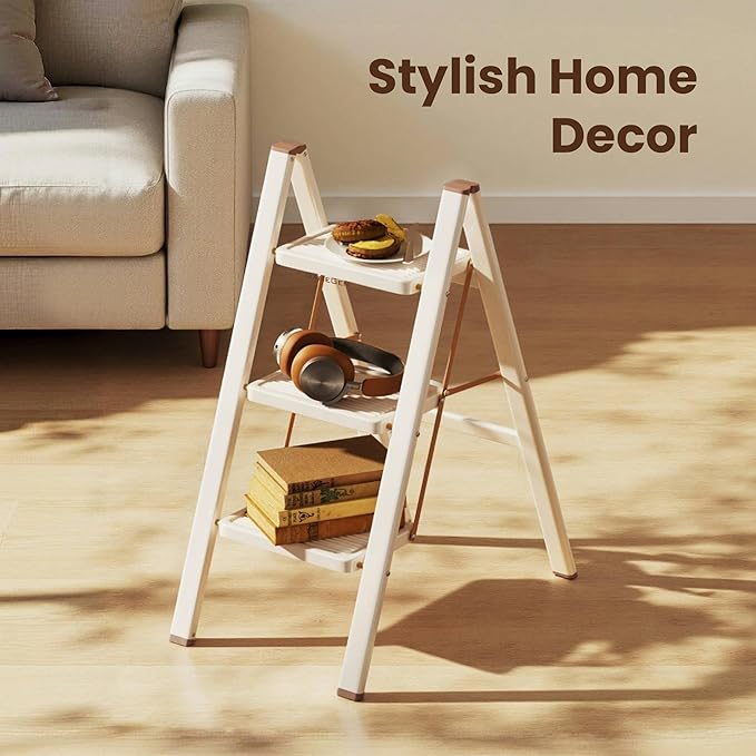 GameGem 3 Step Ladder, Foldable Step Stool with Anti-Slip Pedal, Portable Iron Stepladder for Home and Kitchen, Easy to Store-Cream Chocalate(300LBS)