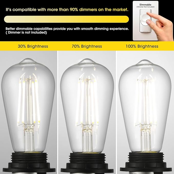 LED Edison Light Bulbs, 12Pcs Vintage 6 Watt, Equivalent 60W Incandescent Light Bulbs, E26 Medium Base Dimmable Decorative Antique Filament Light Bulbs with 90+ CRI, Cool White 4000K