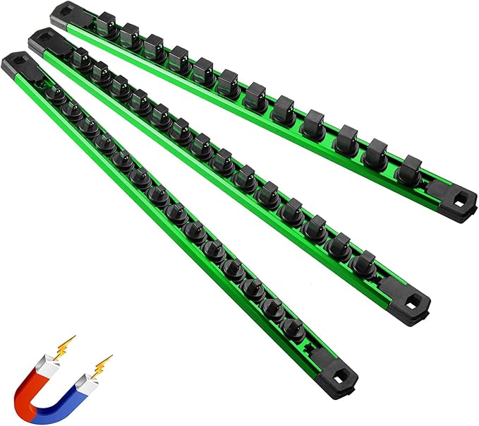 Magnetic Socket Organizer, 3-Piece Heavty Duty Aluminum Socket Holder, Socket Rail for Tool Box, Premium Quality 360° Swivel Socket Rack Kit with 40 Clips for 1/2, 3/8, 1/4-Inch(Green)