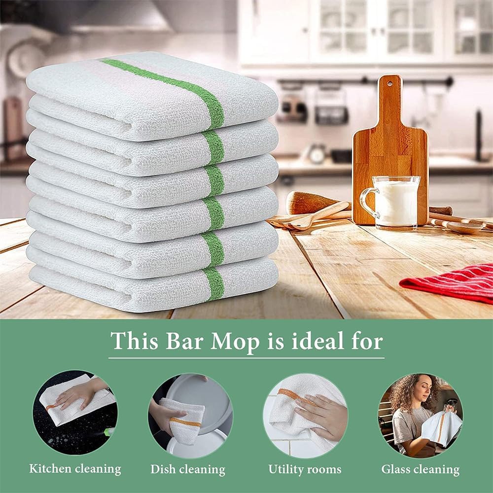 Bar Mop Green Stripe 10 lbs 16x19 Pack of 60, 100% Cotton Double Stitched Route Ready Absorbent Kitchen Towel Dish Towels and Dishcloths Towels Sets Washcloth Kitchen Towels
