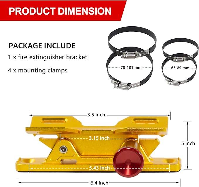 Quick Release Fire Extinguisher Mount – Gold Adjustable Aluminum Roll Bar Bracket for Car Jeep Wrangler (TJ/JK/JL/JKU), UTVs (Polaris RZR, Ranger, Can-Am X3), Trucks & Off-Road Vehicles Bottle Holder