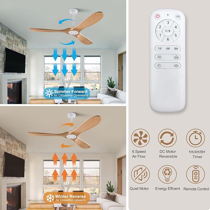 42'' Wood Ceiling Fan without Light, Modern 3 Blades Fans with Remote, Quiet Reversible DC Motor, Indoor Outdoor Energy Saving Ceiling Fan for Bedroom Living Room Patios