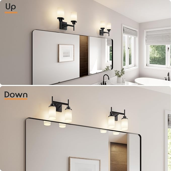Wall Light Fixtures Matte Black Bathroom Vanity Lights Over Mirror with White Frosted Glass, Double Wall Lamps for Hallway Washroom Porch T001MB-L2