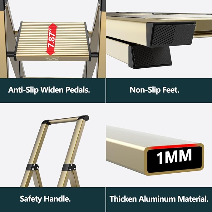 WOA WOA 5 Step Ladder for 10 Feet High Ceiling, Lightweight Foldable Ladder with Non-Slip Wide Pedals, Step Stool with Safe Handrail, Space Saving for Home, Kitchen, Indoor & Outdoor 300lbs - Gold