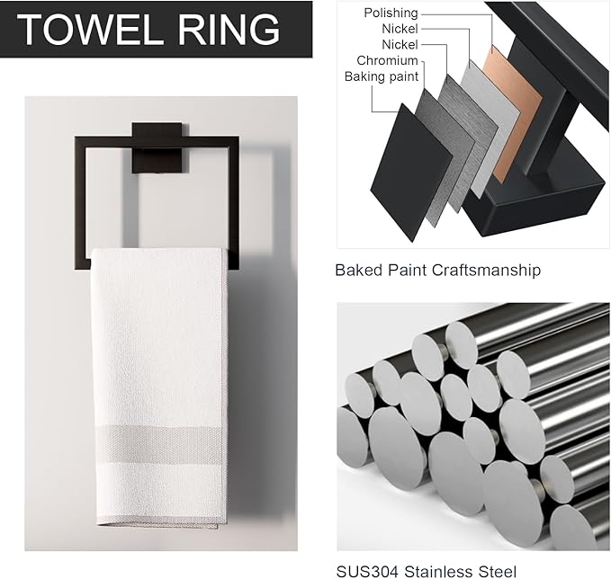 5-Piece Matte Black Bathroom Accessories Set, SUS304 Stainless Steel Wall Mounted 16 Inch Hand Towel Bar, Toilet Paper Holder, Towel Ring, Towel Hooks, Bathroom Hardware Set, Towel Bar Set