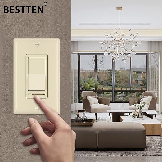 BESTTEN 2 Pack Almond Dimmer Wall Light Switch, Compatible with Dimmable LED, CFL, Incandescent and Halogen Bulb, Single Pole or 3-Way Dimmer Switches, 120VAC, Decorator Wall Plate Included,