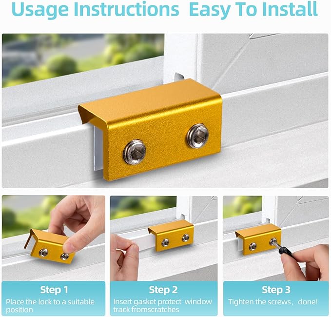 Window Locks for Up and Down Windows 4 Pack Window Stopper Sliding Window Lock for Vertical Horizontal Sliding Windows Doors with Key Aluminum Window Security Locks Child Proof(Golden Large)