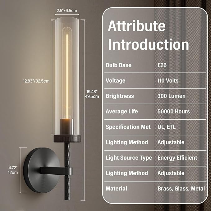 Black Wall Sconces 19.48'' Knurled Texture Indoor Wall Light Fixtures, Bathroom Vanity Light Fixtures with Clear Glass, Modern Wall Lamp for Bathroom Living Room Bedroom Hallway