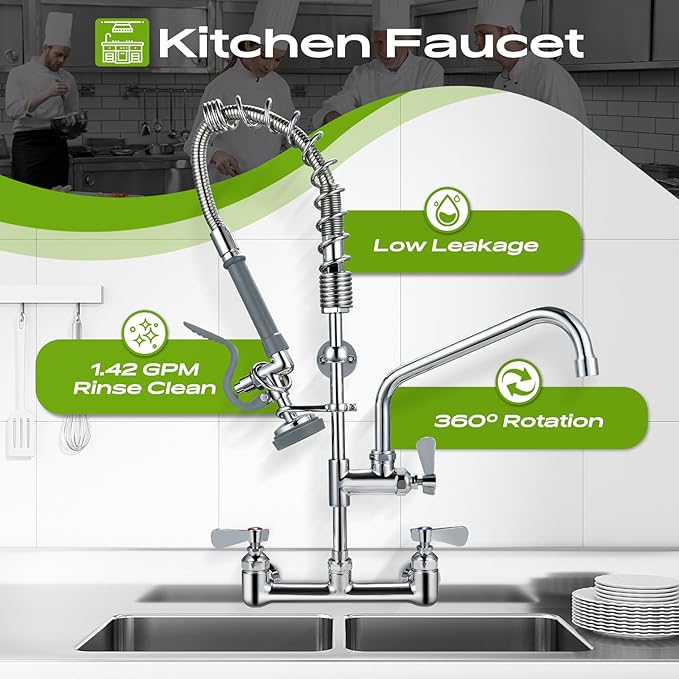 Commercial Sink Faucet with Sprayer 8 Inch Center Wall Mount Kitchen Sink Faucet with 10" Add-on Swing Spout 25" Height Faucet with Down Pre-Rinse Sprayer