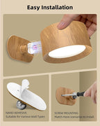 LED Wall Mounted Lights, Rechargeable Wall Sconces Lamp, 3 Color Temps & Remote and Touch, 360°Rotation Dimmable Cordless Wall Light for Study Bedroom Reading Bedside(Wood, 1 Pack)