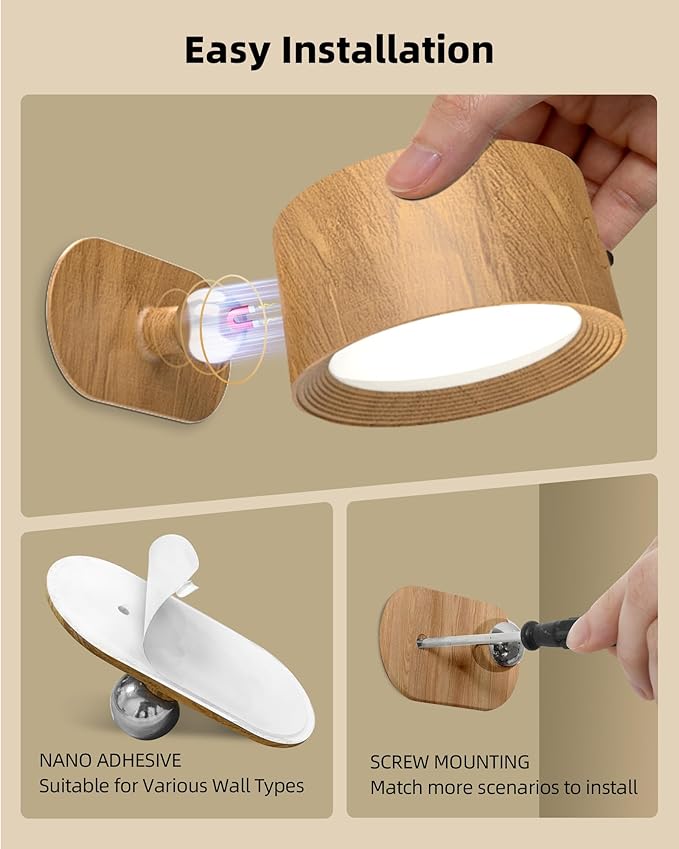 LED Wall Mounted Lights, Rechargeable Wall Sconces Lamp, 3 Color Temps & Remote and Touch, 360°Rotation Dimmable Cordless Wall Light for Study Bedroom Reading Bedside(Wood, 1 Pack)