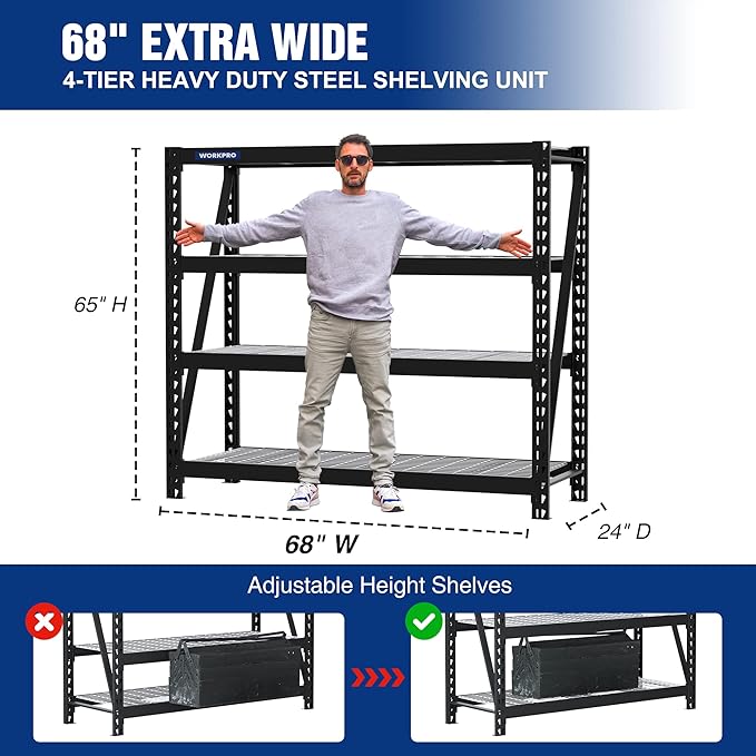 WORKPRO 68" Ultra Wide 4-Tier Metal Garage Shelving Unit, 68"W x 24"D x 65"H, 7200 LBS Capacity, Heavy Duty Storage Utility Rack, Industrial Adjustable Shelves for Shop Warehouse Basement Fish Tank