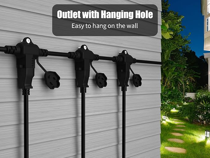 25Ft Outdoor Extension Cord - Evenly Spaced 3 Outlets Plugs with Safety Cover, 16/3 SJTW Weatherproof Multi Outlet Extension Cord for Landscape, Halloween, Holiday Decor, ETL Listed (Black)