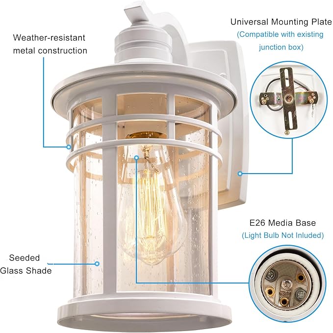 Darkaway Outdoor Porch Lights Wall Mount, Outdoor Light Fixtures Sconces Wall Lighting with Seeded Glass Waterproof Exterior Lights for Patio Yard House Hallway Doorway Garage(1 Pack, White)