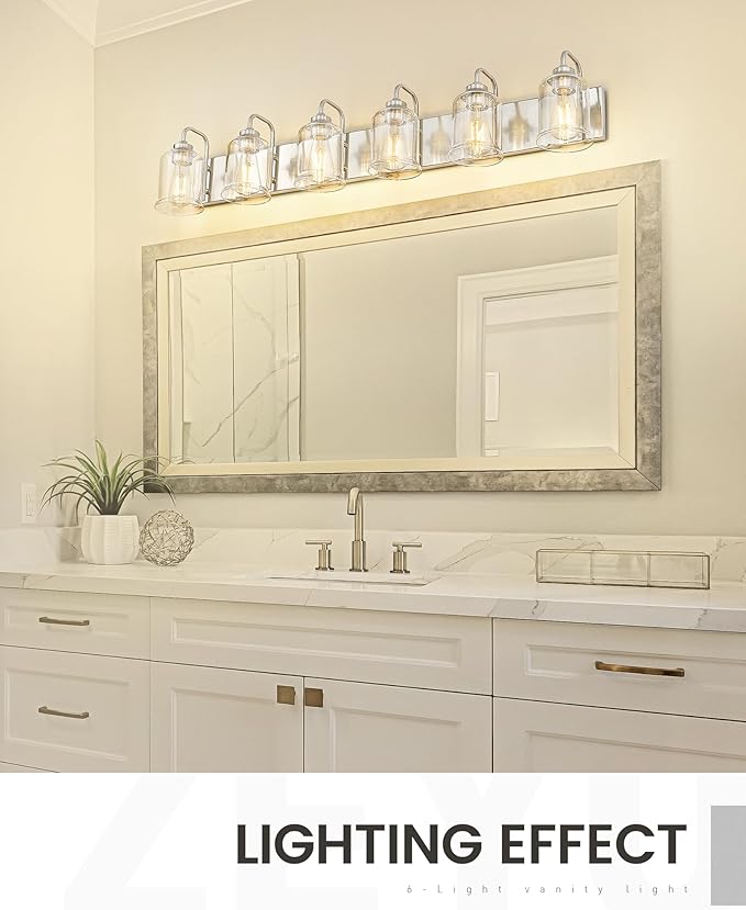zeyu 6-Light Bathroom Wall Light Fixture, 44 Inch Modern Nickel Vanity Lighting Fixtures for Bedroom, Brushed Nickel Finish with Clear Glass Shade, ZSL72B-6W BN