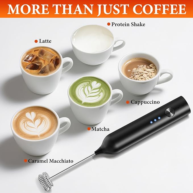 Milk Frother, Rechargeable & Handheld Frother Wand for Coffee, 3 Speed Adjustable Drink Mixer With 3 Stainless Whisks for Matcha, Lattes, Cappuccino, Egg, Electric Whisk Foam Maker (Black)