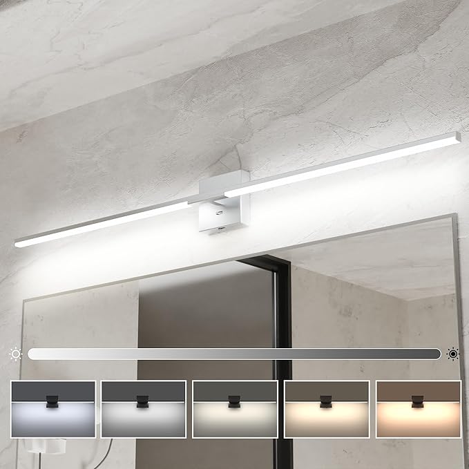Ensenior Modern Bathroom Vanity Light 48 Inch, Built-in Dimmer, 28W Dimmable 5CCT LED Light Fixture Over Mirror, Matte Grey Bar for Mirror Cabinets Bedroom - FCC Certificated
