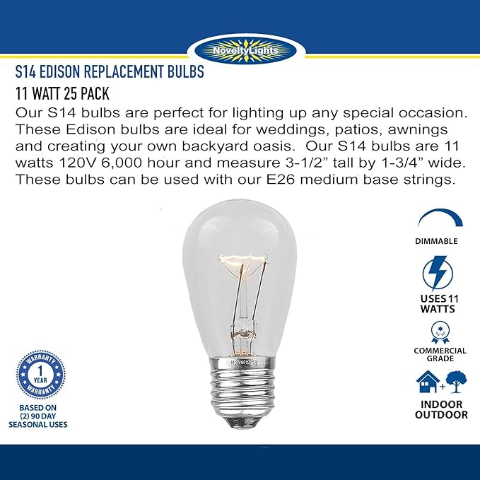 Novelty Lights 25 Pack S14 Outdoor Patio Edison Replacement Bulbs, E27 Medium Base, Clear, 11 Watt