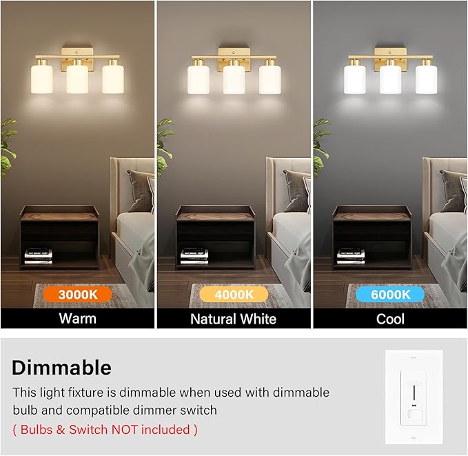 Gold Bathroom Light Fixtures, 3-Light Modern Vanity Light Over Mirror, Wall Sconces with Milky White Frosted Glass Shades, E26 Socket (Bulbs Not Included)
