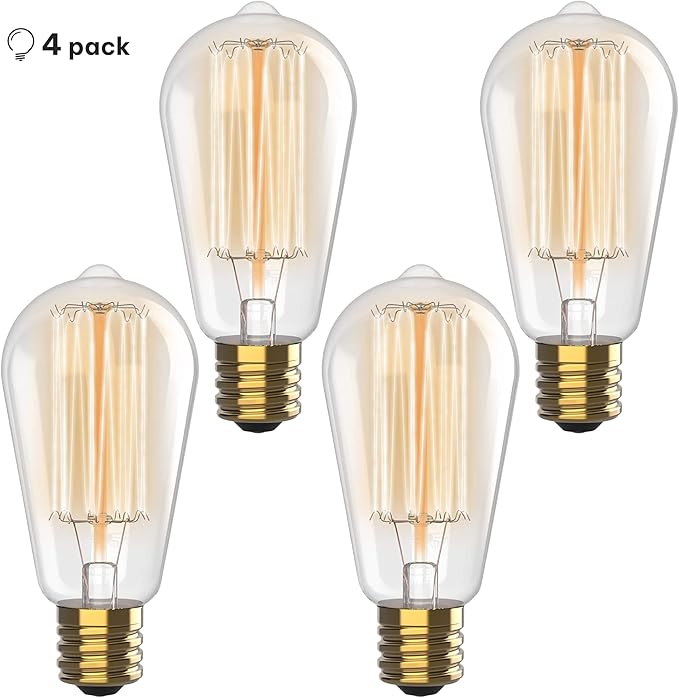 HUDSON BULB CO. Vintage Incandescent Edison Light Bulbs 60W (4 Pack)- E26/E27 Base 2100K Dimmable Decorative Lightbulbs for Outdoor and Indoor - ST64 Style Warm Light - Antique Squirrel Filament