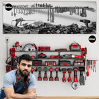 12 Cordless Drill Holder Large Power Tool Organizer Wall Mount with Side Pegboard & Screwdriver Holder, 4-Tier Heavy Duty Metal Tool Storage Rack with 4-Outlet Power Strip