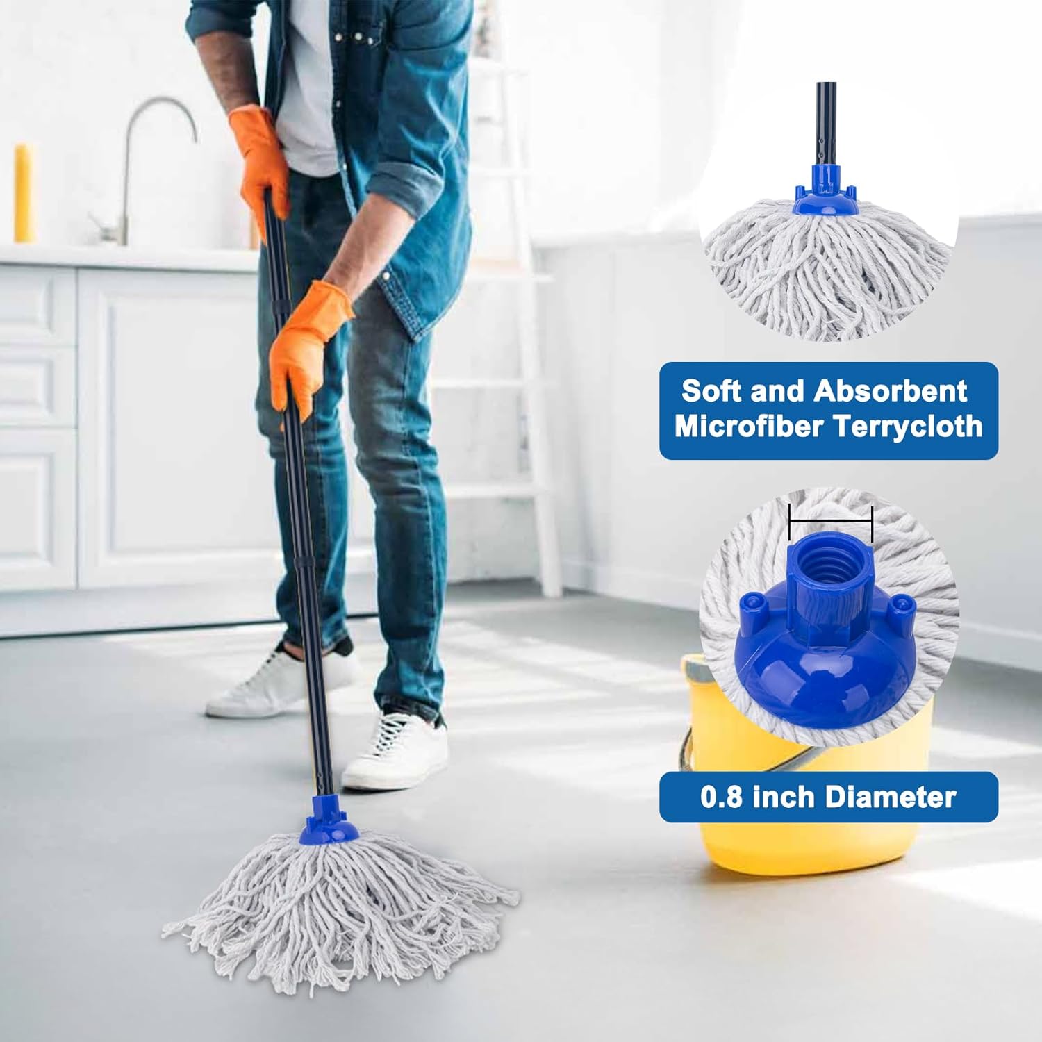 KeFanta Mop for Floor Cleaning,2 Pcs Cotton String Wet Mops Replacement Head Refill Compatible with Microfiber Cloth Mop & 0.8" Diameter Mops Handle(1 Handle & 2 Heads)