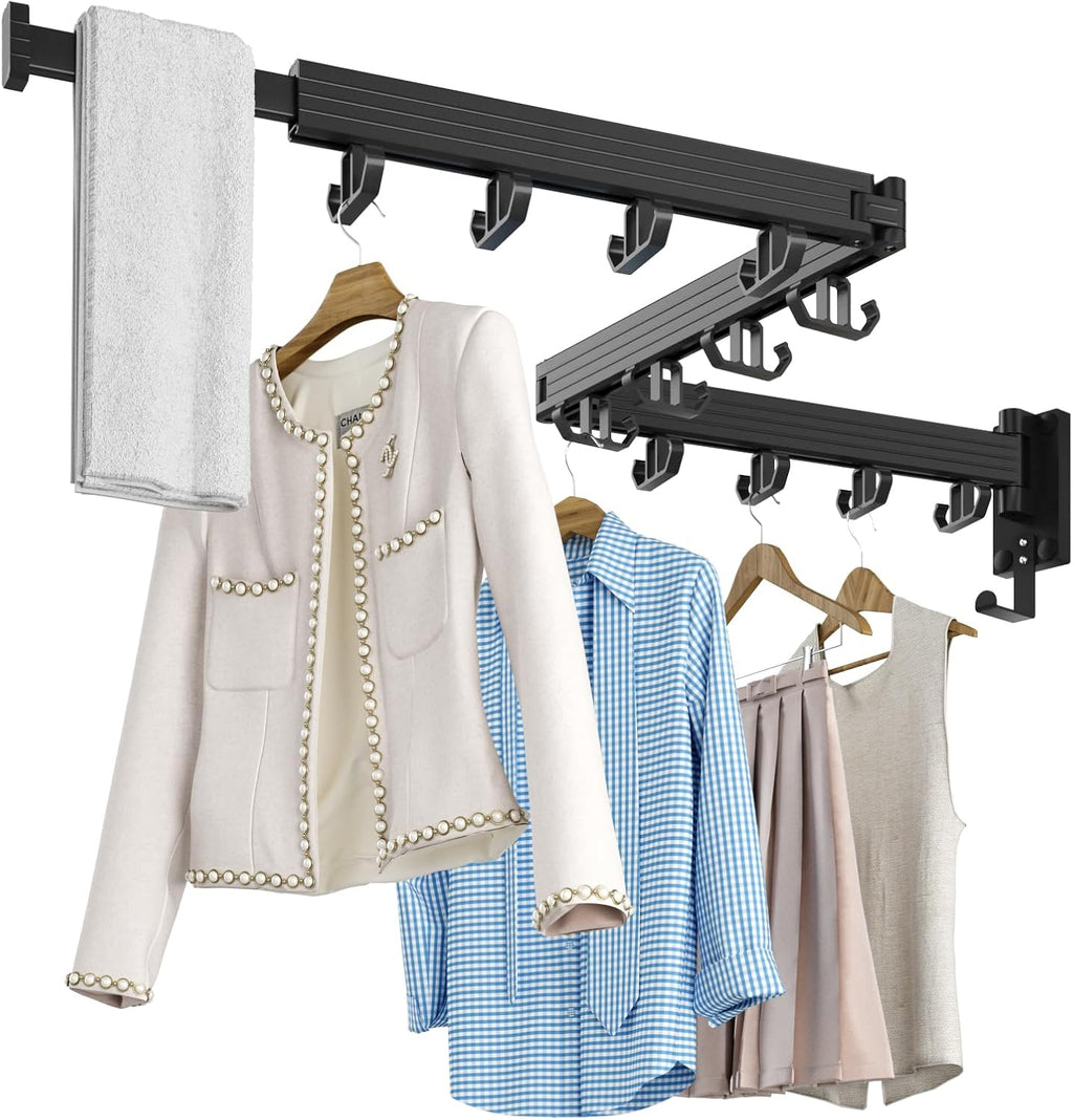 Wall Mount Clothes Drying Rack, Wall Mounted Drying Rack, Upgraded 3-Fold & Sturdy Laundry Drying Rack with 12 Dual-Side Hooks Space Saver for Laundry Room, Apartment, Dorms - Black