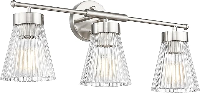 Brushed Nickel Bathroom Vanity Light, HWH 3-Light Vanity Lights for Bathroom Vanity Wall Lamp Over Mirror, Modern Vanity Light Fixtures with Striped Clear Glass, 5HZG97B-3W BN