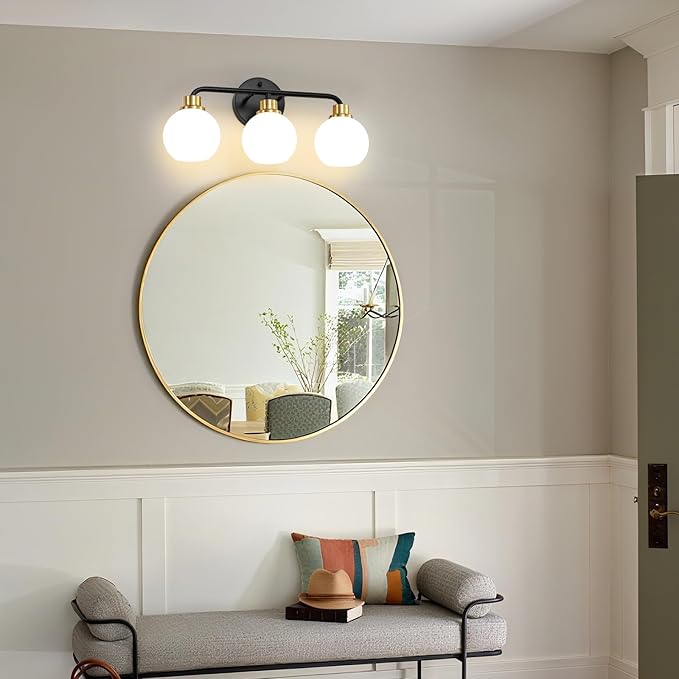 3 Light Bathroom Vanity Light, Black and Gold Bathroom Light Fixtures with Milk Glass Shade Modern Wall Sconces Lighting Bath Wall Lights Lamp for Mirror Kitchen Living Room Bedroom Hallway Cabinet