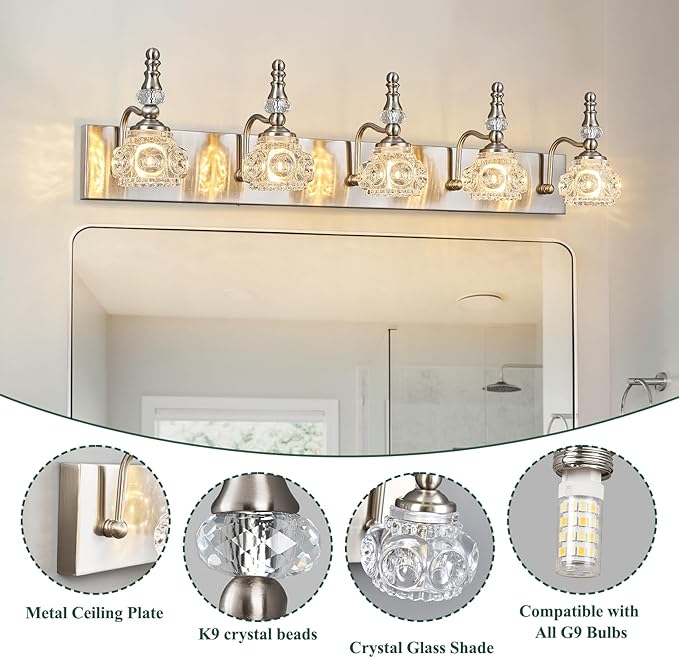 Modern Glass Crystal Vanity Light - Vintage Bathroom Lighting Fixtures Over Mirror, 5 Light Vanity Lights G9 Bulb (35.43 Inch, Nickel)