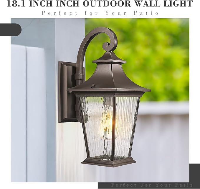 Emliviar 18.1" Outdoor Wall Light in Oil Rubbed Bronze Finish, Outside Wall Mount Light for Front Door, Water Ripple Glass with Die-cast Aluminum, 500181 ORB