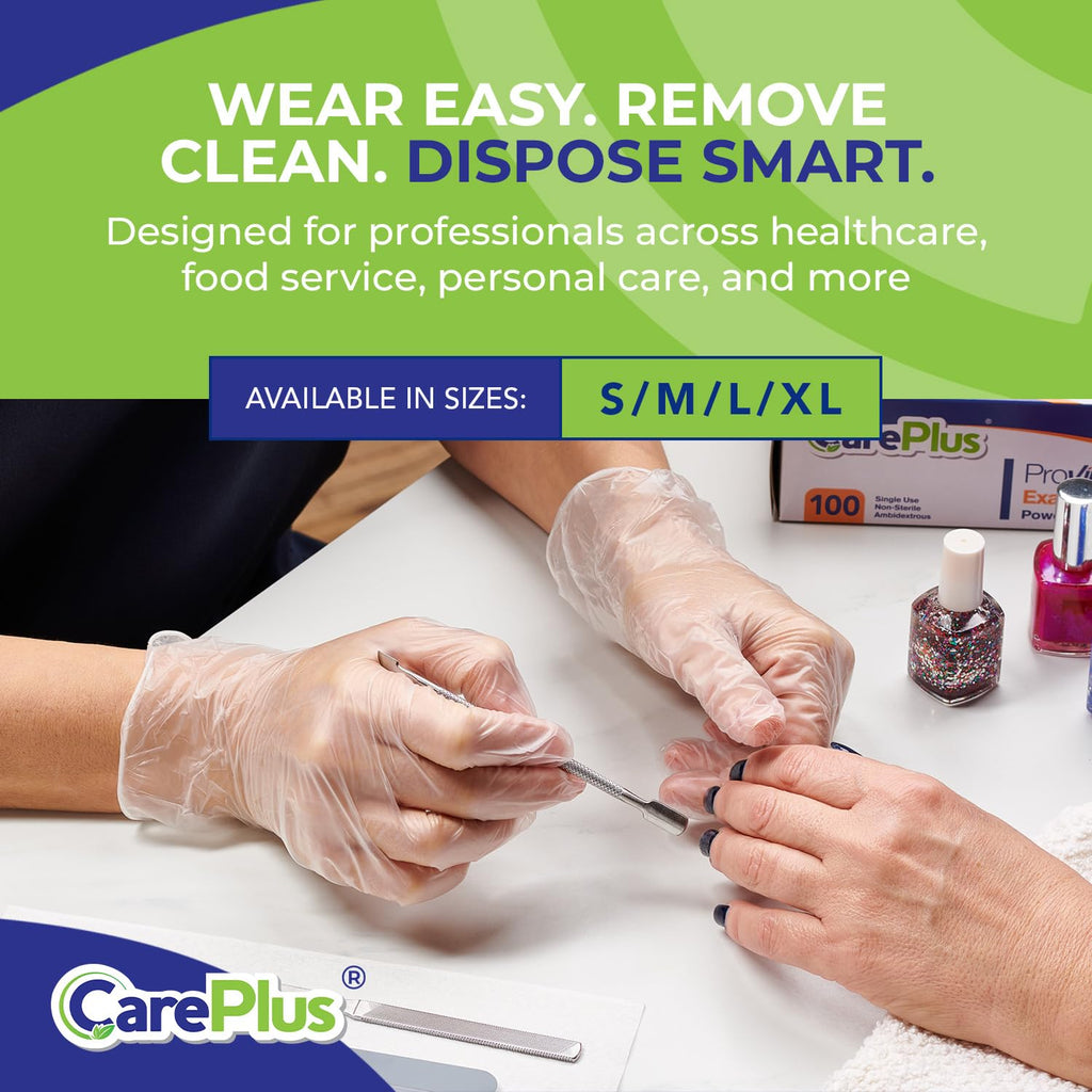 CARE PLUS Vinyl Gloves Clear Medium Size 100 Count | Heavy Duty, Non-Sterile, Powder-Free, Latex-Free Rubber | Food Prep, Kitchen & Cleaning Gloves, Ideal for Professional Use