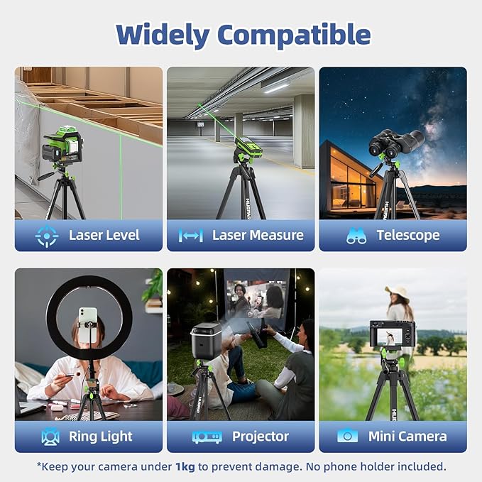 Huepar 60-Inch Lightweight Tripod Portable Adjustable Tripod for Laser Level with 3-Way Swivel Pan Head, 2 Bubble Levels, 1/4" and 5/8" Thread Mount for Varieties Tools, Only for Indoor Basic Work