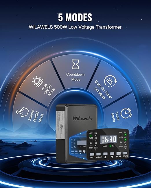 500W Low Voltage Landscape Transformer, 2 Zone Independent Control Landscape Lighting Transformer, 120VAC to 12/14V AC Low Voltage Transformer with Timer & Photocell Sensor ETL Listed D24LT06