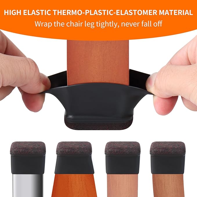 Ezprotekt 24 Pcs Rectangle Felt Chair Leg Floor Protectors for Hardwood Floors, Rectangle Black Silicone Furniture Pads Caps Covers for Chair Desk Table (Fit L :1.3-1.7", W: 0.6-0.9")