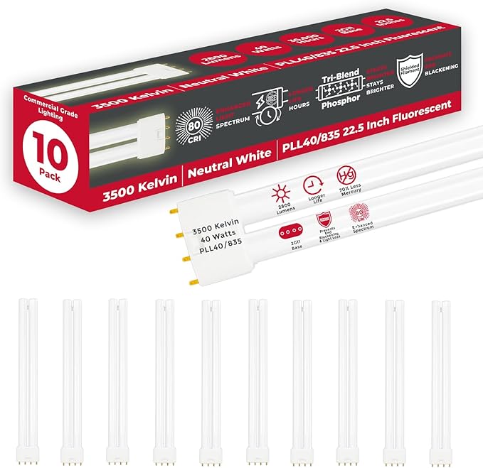 GoodBulb PLL40/835 40W 22.5" Twin Tube Compact Fluorescent Light Bulb 4-pin 2G11 Base 3500K Neutral White 2800 Lumen 12000 Hour Long Life Biax Pack of 10