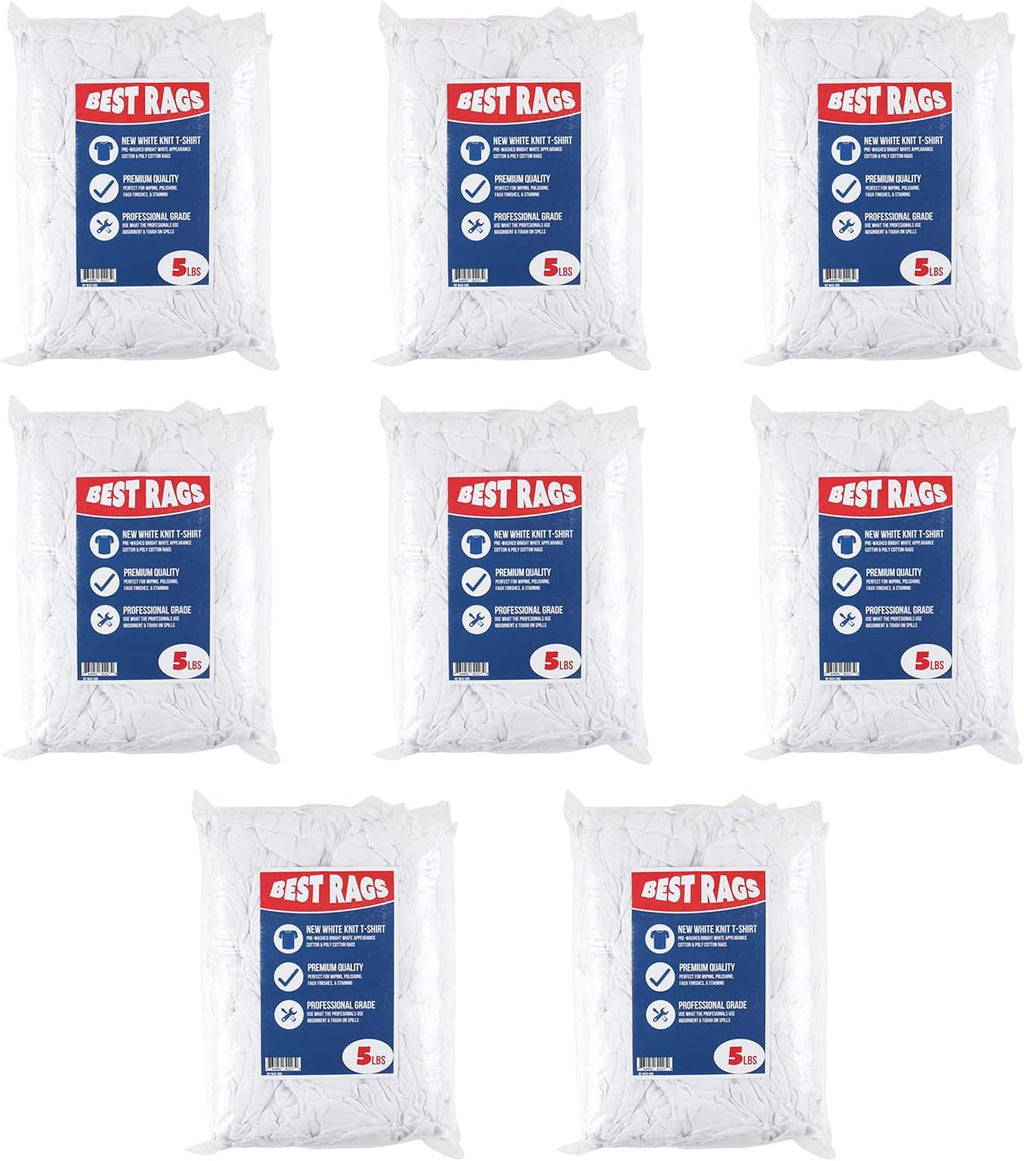 Arkwright W43 Cotton Tshirt Rags - 5 lb Bag - (Pack of 8) Soft Lint Free Cloths for Cleaning, Streak & Scratch-Free, Professional Grade Bulk Wiping Towels for Polishing, Painting, and Staining, White