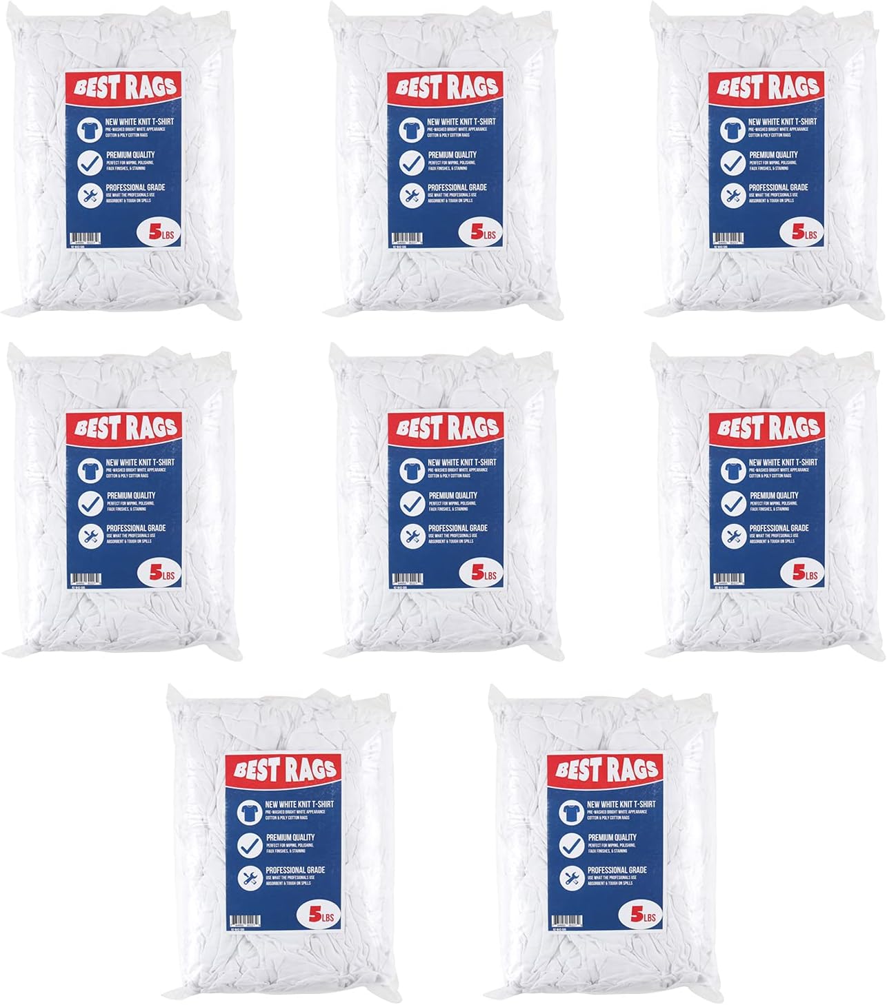 Arkwright W43 Cotton Tshirt Rags - 5 lb Bag - (Pack of 8) Soft Lint Free Cloths for Cleaning, Streak & Scratch-Free, Professional Grade Bulk Wiping Towels for Polishing, Painting, and Staining, White