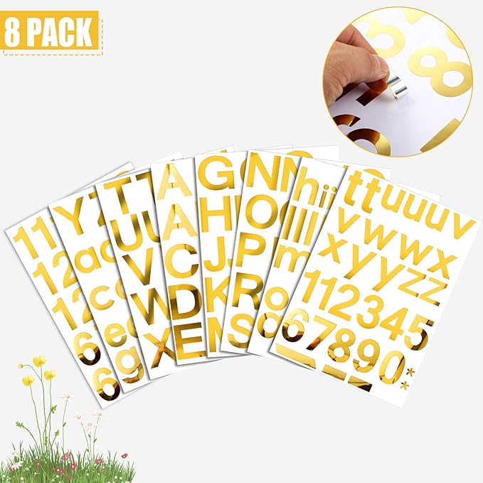 Outus 8 Sheets Vinyl Letter Stickers Self Adhesive Mailbox Numbers Alphabet Stickers Stick on Letters for Christmas Stockings Scrapbook Bulletin Board School Business(2 Inch,Gold)