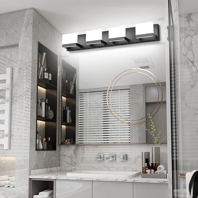 Tipace Dimmable Black LED Vanity Light for Bathroom Up and Down 4 Lights Black Modern Bathroom Wall Light Fixtures Over Mirror(White Light 6000K)