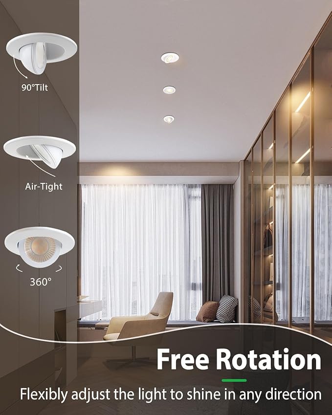 zouzai 3 Inch 5CCT Gimbal Led Recessed Lighting with Junction Box, 2700K/3000K/3500K/4000K/5000K Selectable, 7W Eqv 80W, 360°+90° Adjustable Recessed Lights, 800LM Brightness - ETL (White, 6 Pack)